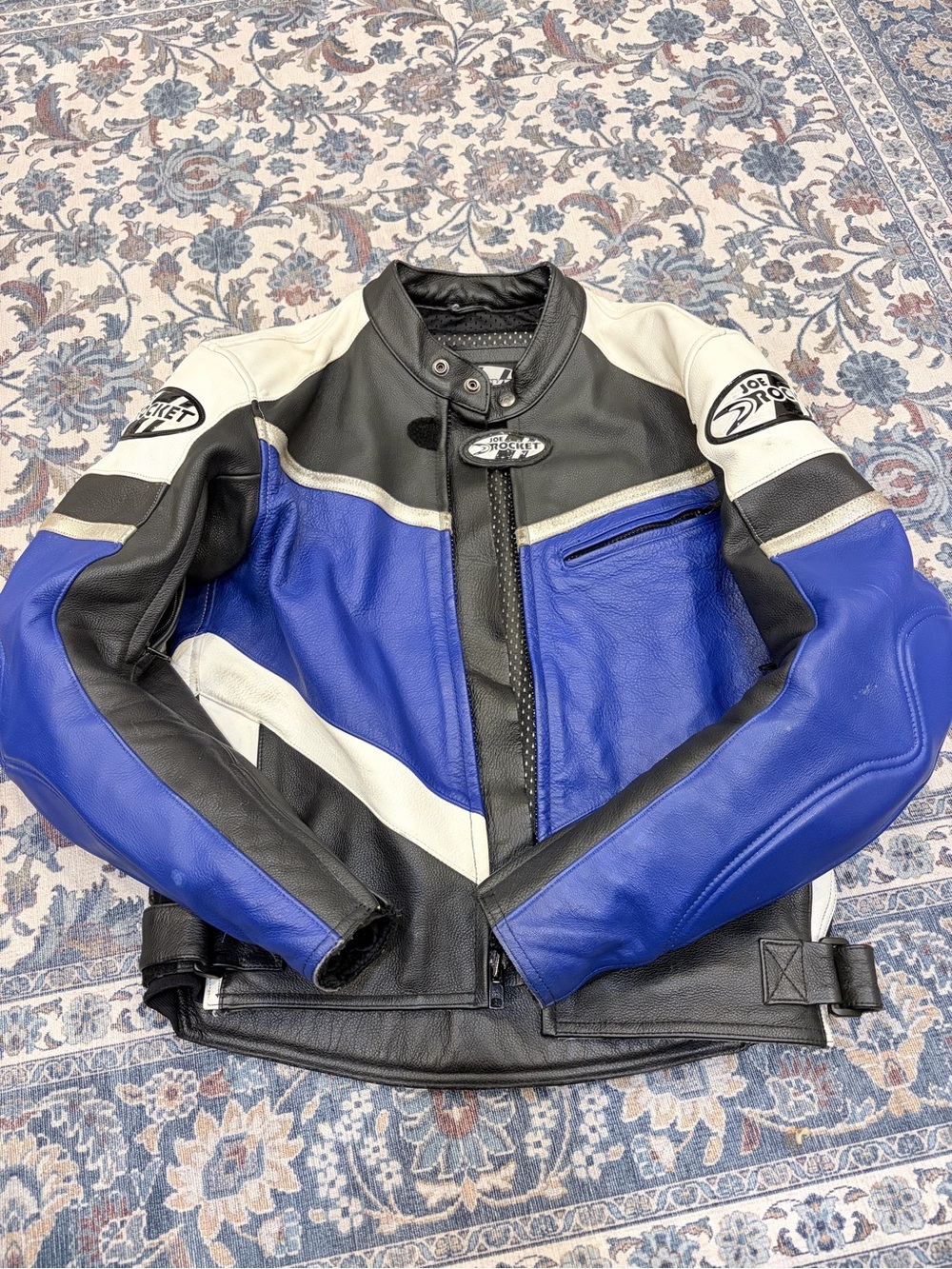 Joe Rocket Blue, Black & White Leather Motorcycle Jacket
